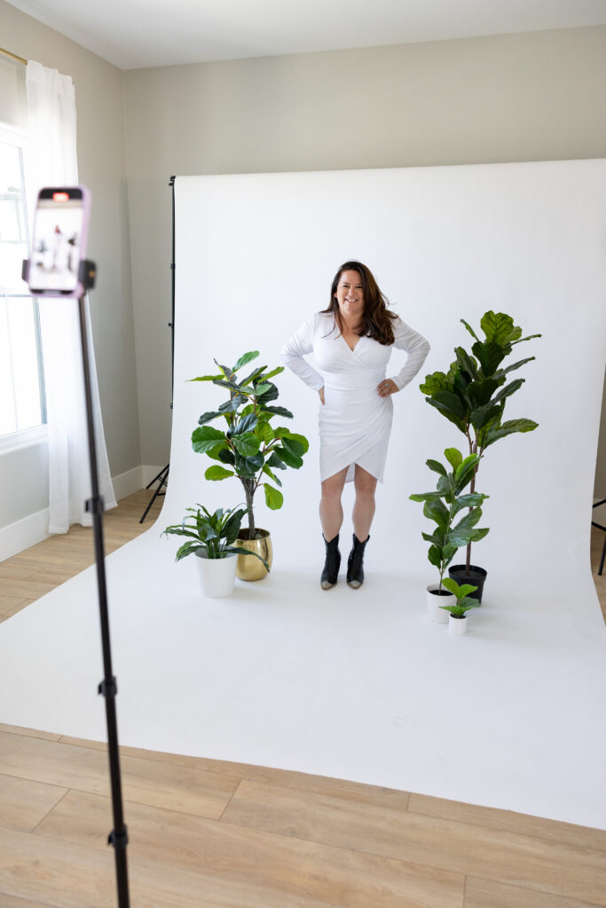 white backdrop, white background, branding session on white, studio white seamless paper, brand photo shoot, posing tips